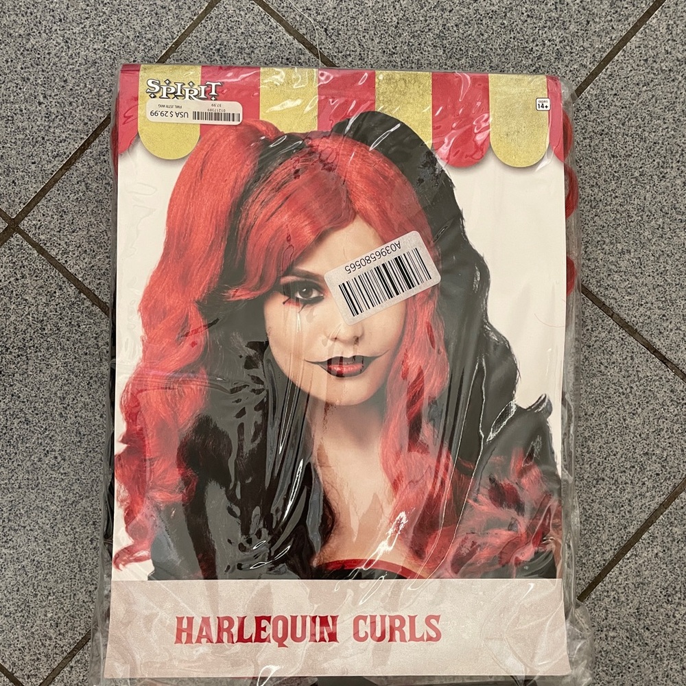 Spirit Halloween Harlequin Curls Wig Creepy Clown Red and Black
